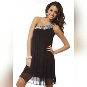 Black Glam Sheath One-Shoulder Short Chiffon Charmeuse Short Evening Dresses